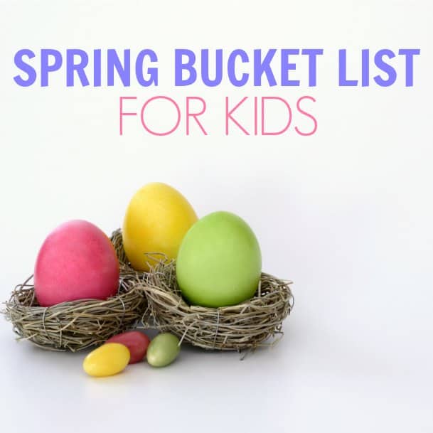 This is a great Spring bucket list for kids! Lots of frugal ideas for activities for families and young children! Easter egg hunts, maple sugar shack, planning flowers and playing outside.