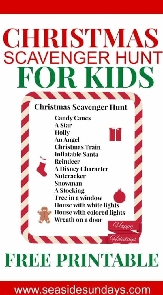 Fun Christmas scavenger hunt with free printable. Great Christmas activity for the whole family. This scavenger hunt is great for older kids or younger children as you can modify it to suit the ages and number of kids. Children will love running around the neighborhood looking at the Holiday decorations and displays. This is a fun holiday activity to get kids outdoors and active