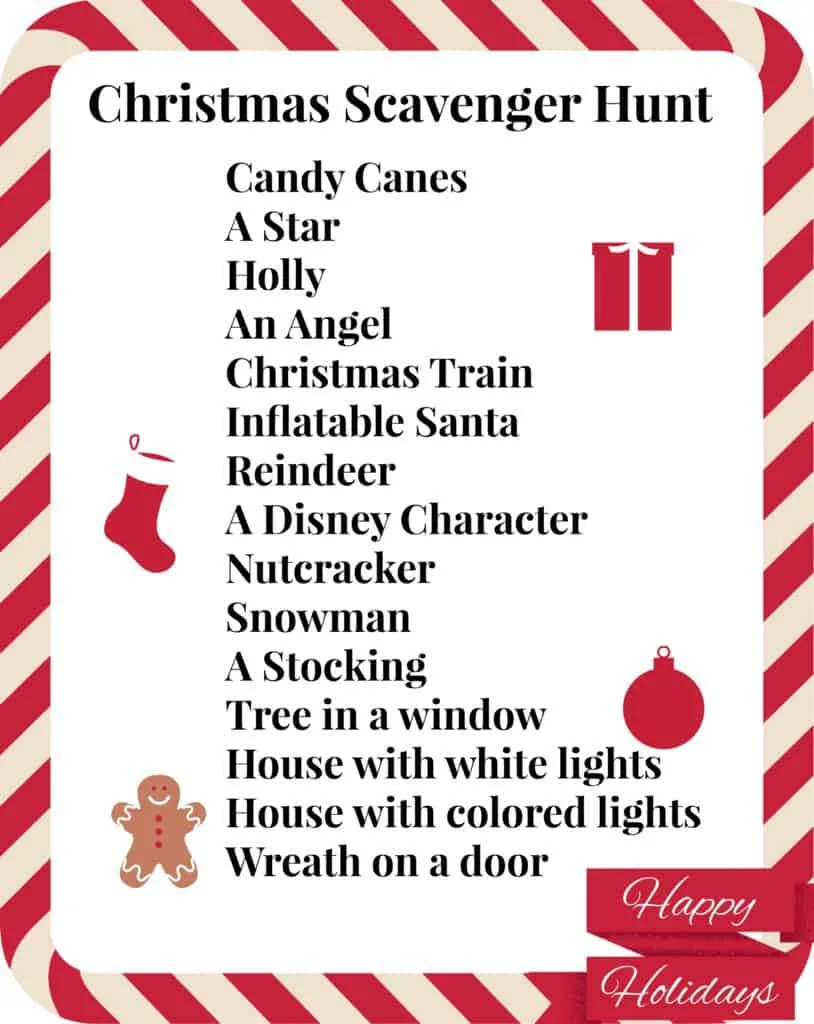 Fun Christmas scavenger hunt with free printable. Great Christmas activity for the whole family. This scavenger hunt is great for older kids or younger children as you can modify it to suit the ages and number of kids. Children will love running around the neighborhood looking at the Holiday decorations and displays. This is a fun holiday activity to get kids outdoors and active