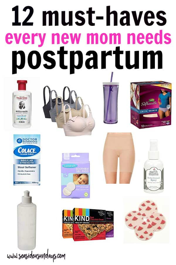 Postpartum essentials for new moms! This is a great hospital bag packing of new mom must-haves. Make up a postpartum survival kit as the ultimate baby shower gift, this list has everything mom needs for her postpartum recovery after baby.