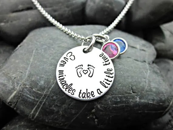 gift ideas for a friend struggling with infertility - even miracles take a little time necklace