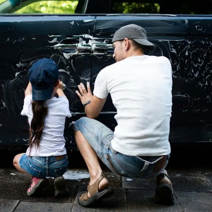daddy and daughter date cleaning the car