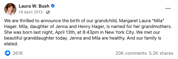 Laura Bush grandparent announcement