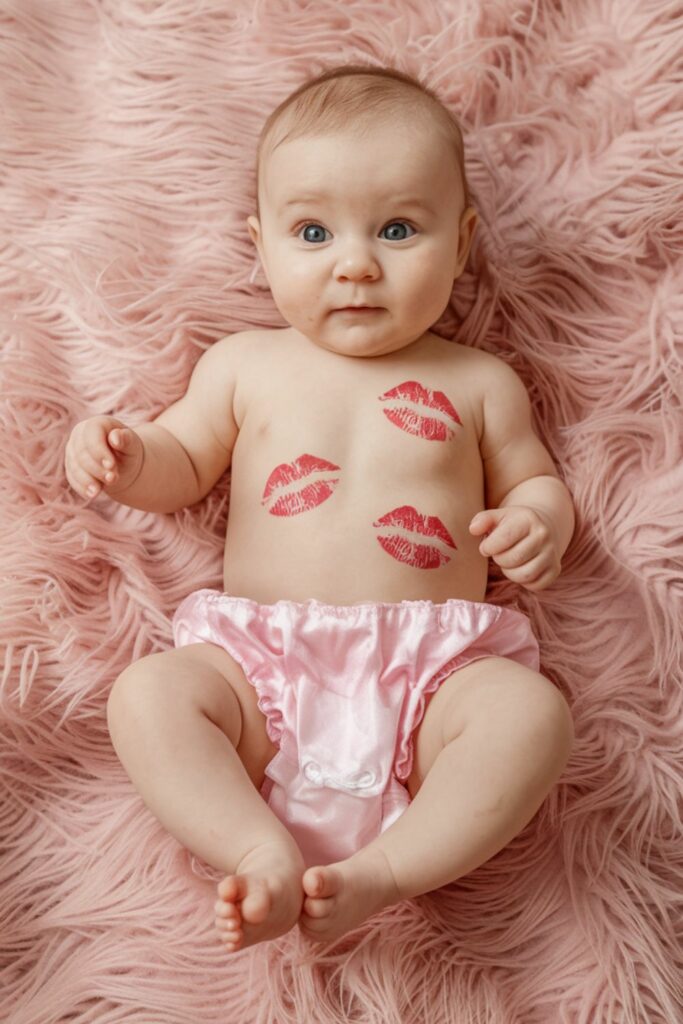 cute baby covered in lipstick kisses