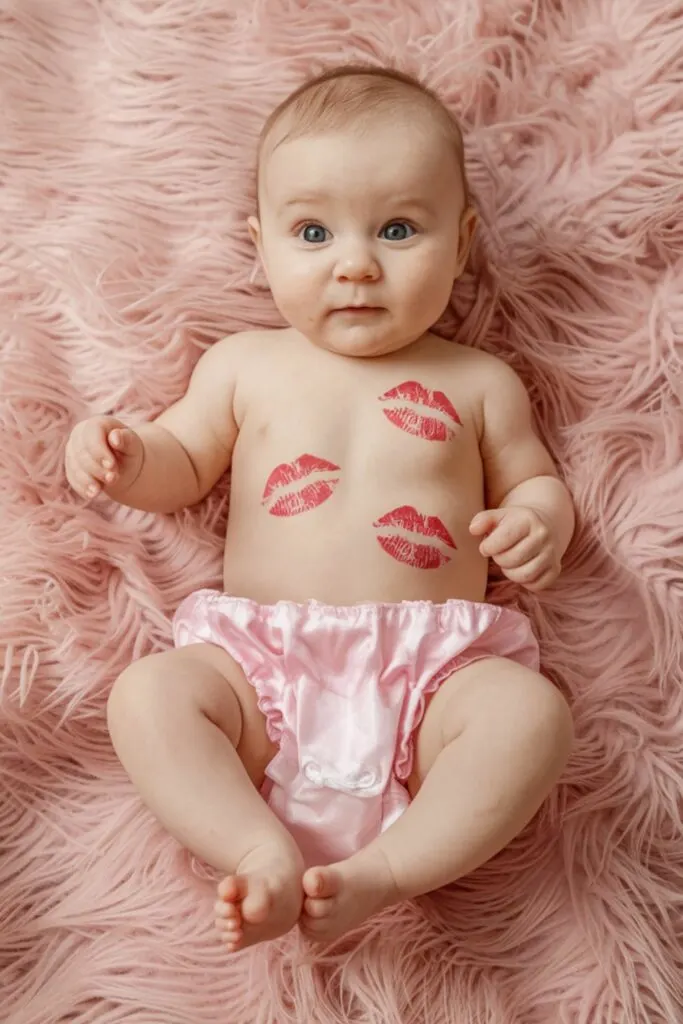 cute baby covered in lipstick kisses