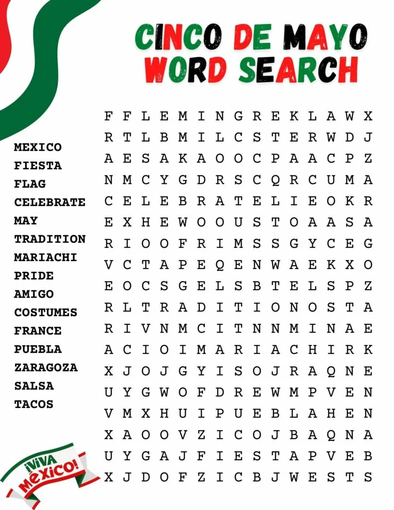 Free printable Cinco De Mayo word search