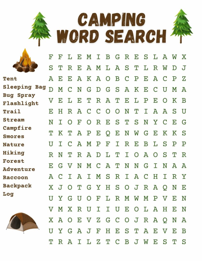 Free Printable Camping Word Search Puzzle For Kids