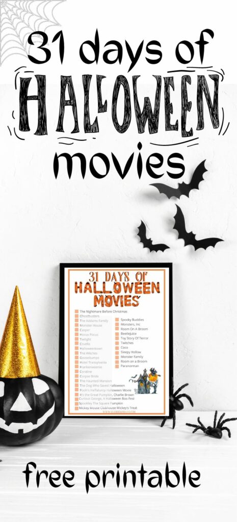 Free printable 31 days of Halloween movies list