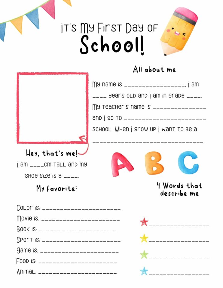 First Day Of School All About Me Printable Worksheet