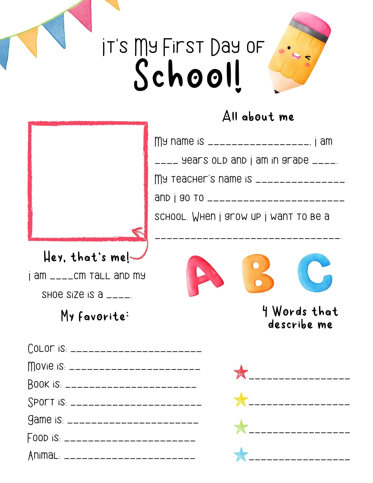 First Day Of School All About Me Printable Worksheet