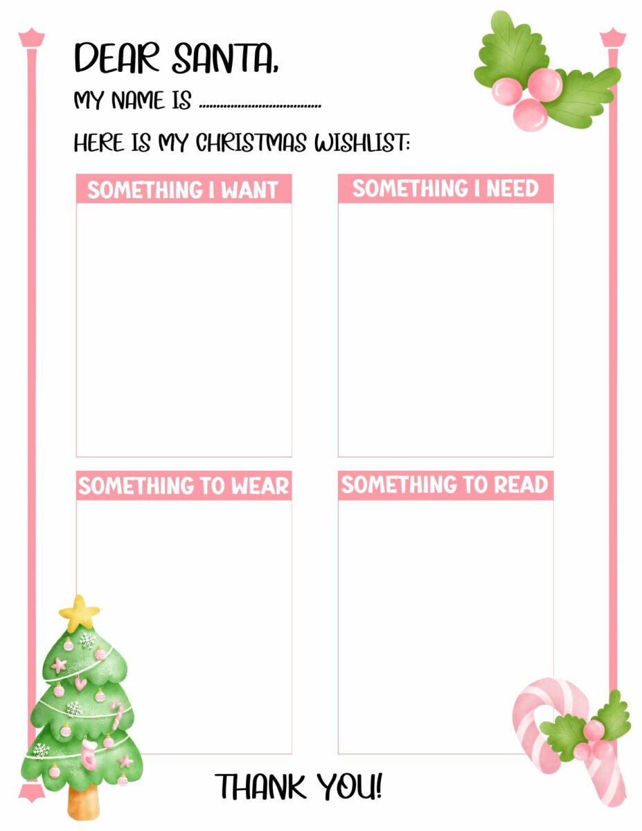 Want, Need, Wear, Read Christmas Printable List