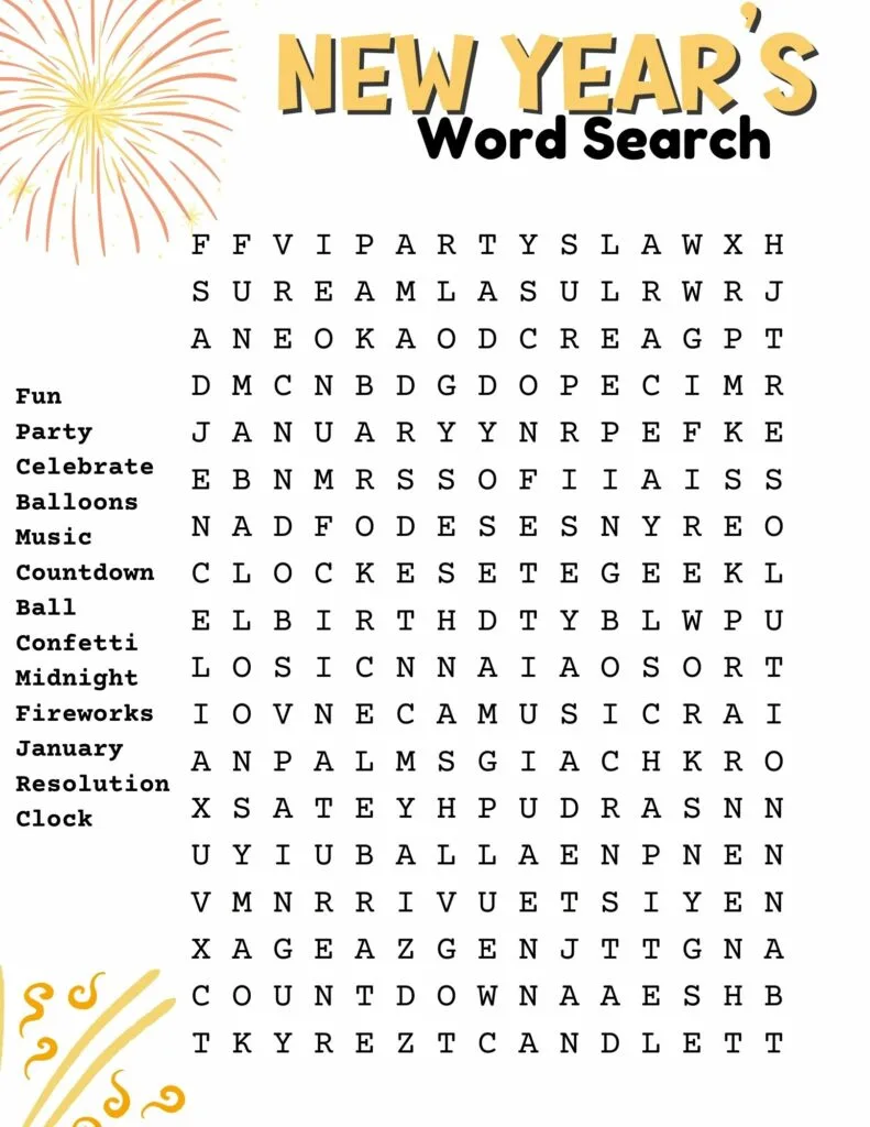 New Years Word Search Free Printable PDF