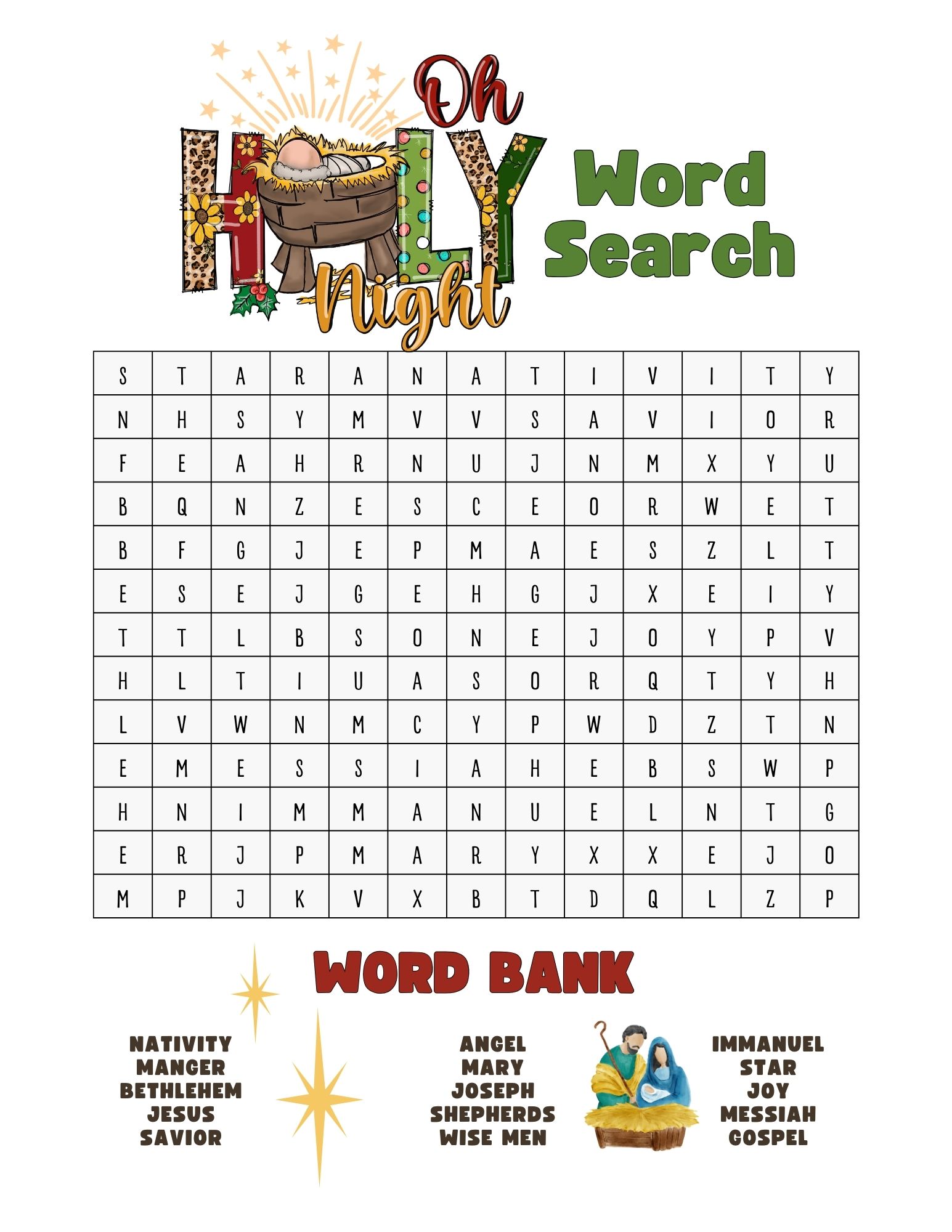 Free Printable Religious Christmas - Oh Holy Night Word Search 