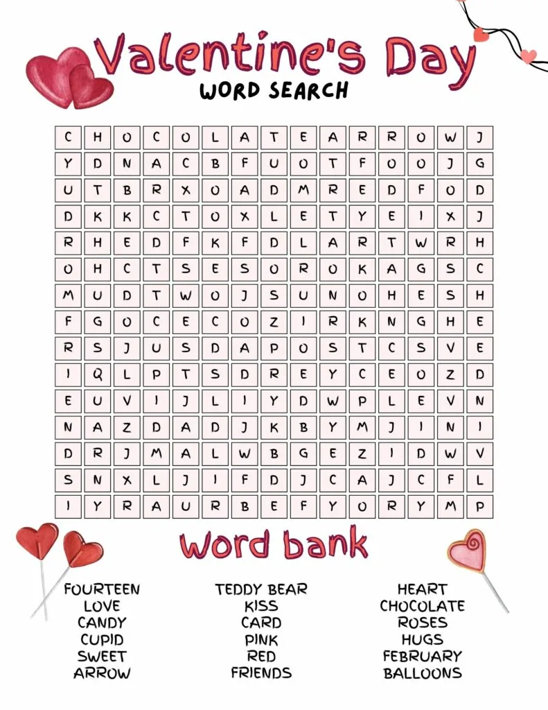 free printable Valentine's word search