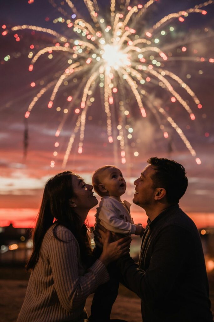 family watching fireworks with their baby