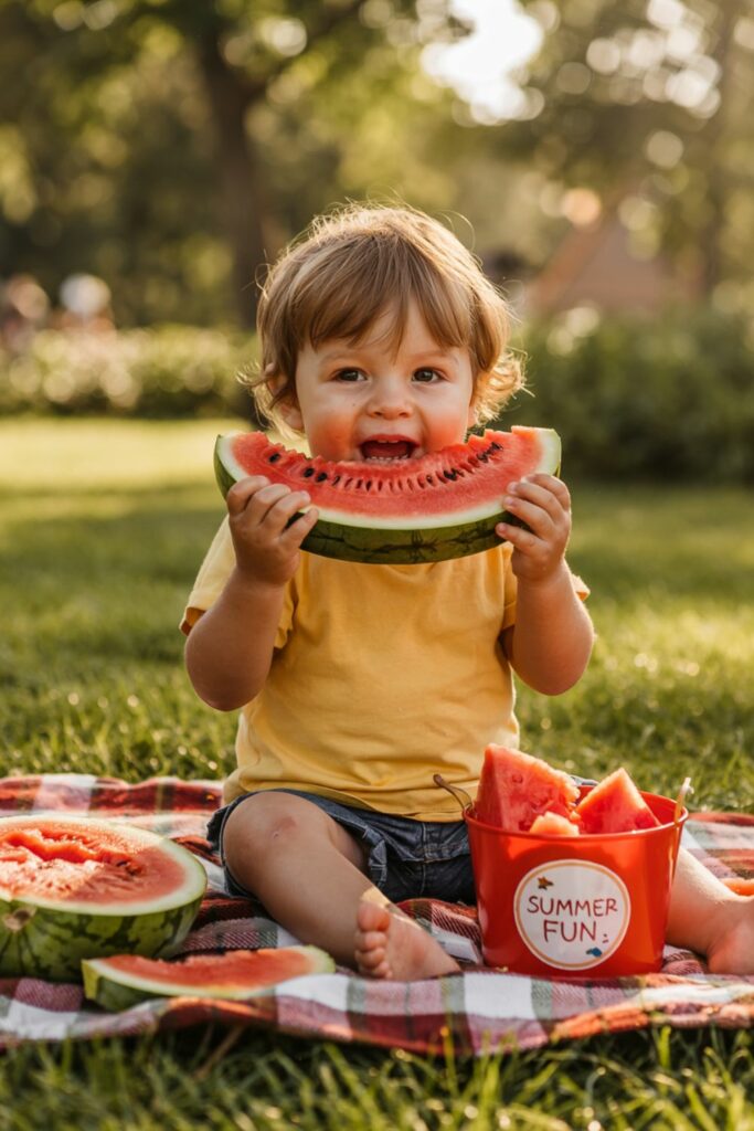 a baby eating watermelon